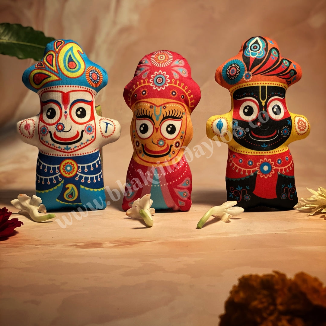 Soft toy set of Lord Jagannatha, Baladeva, and Subhadra – colorful and devotional plush idols.