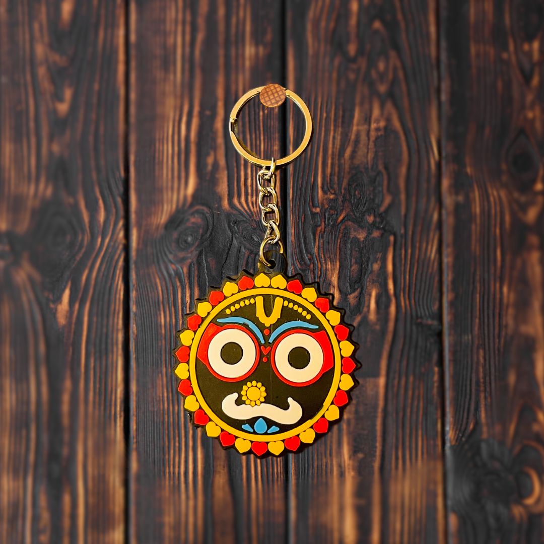 Devotional Jagannath keyring featuring the vibrant image of Lord Jagannath, perfect for daily use and spiritual connection on the go.