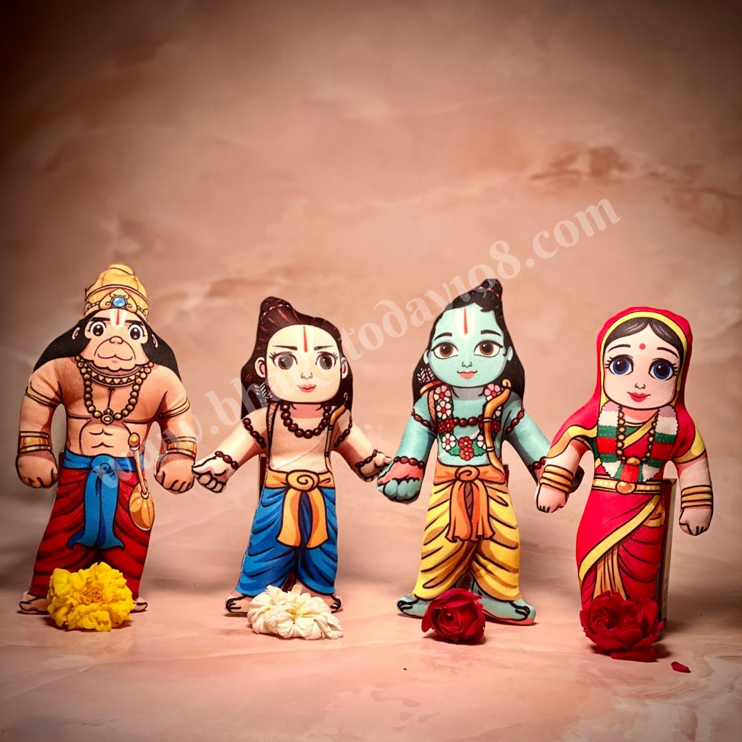 Soft toy set of Ram Darbar featuring Lord Ram, Sita, Lakshman, and Hanuman — a devotional and child-friendly representation of the divine family, ideal for spiritual learning and gifting.