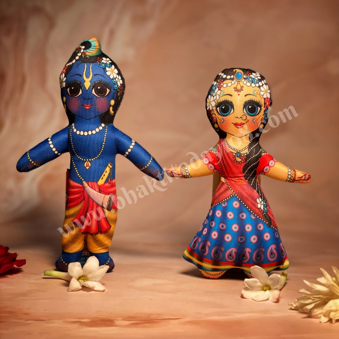 Soft toy set of Radha and Krishna (Radhe Shyam) in traditional attire, made with colorful, plush fabric — ideal for devotional gifting or children’s spiritual play.