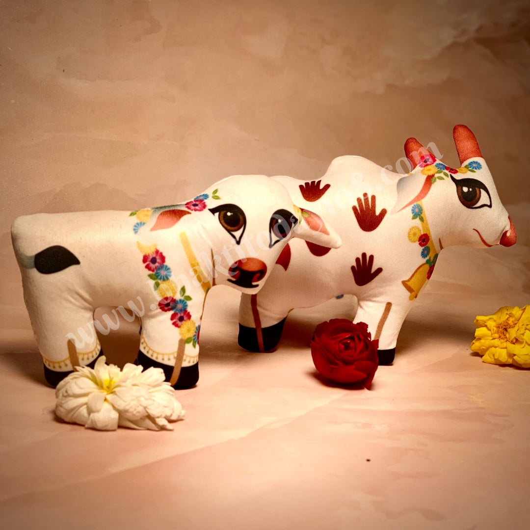 Soft toy set featuring a cow and calf, symbolizing love, nurturing, and devotion — a perfect spiritual gift for children inspired by Indian culture and values.