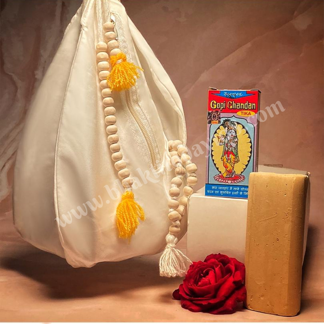 Bhakti Starter Pack with Sakshi Mala, Neem Japa Mala, plain bead bag, and Gopi Chandan for devotional practices and chanting. 