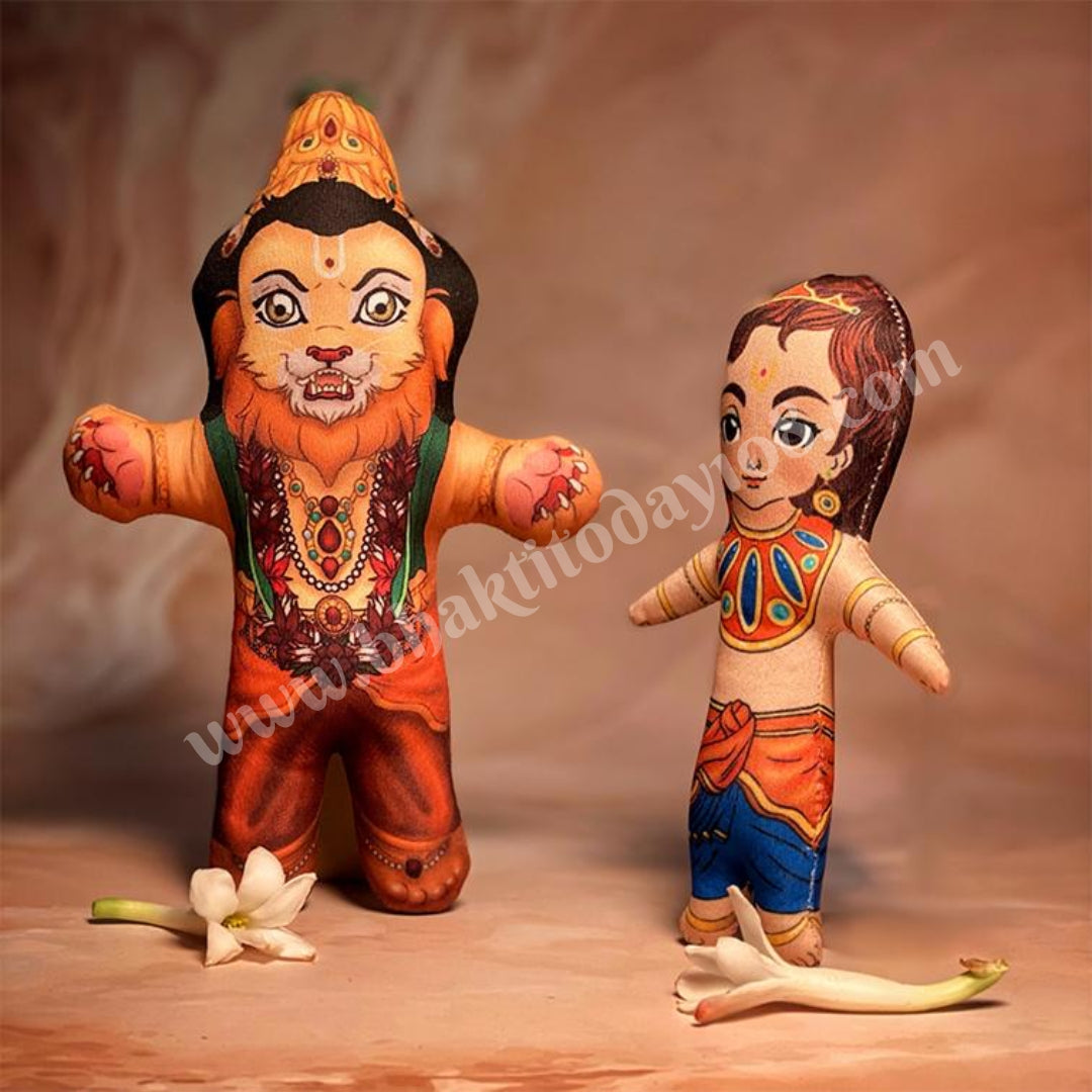 Soft toy of Lord Narasimha protecting Prahlad Maharaj, depicting a devotional scene from the Puranas.
