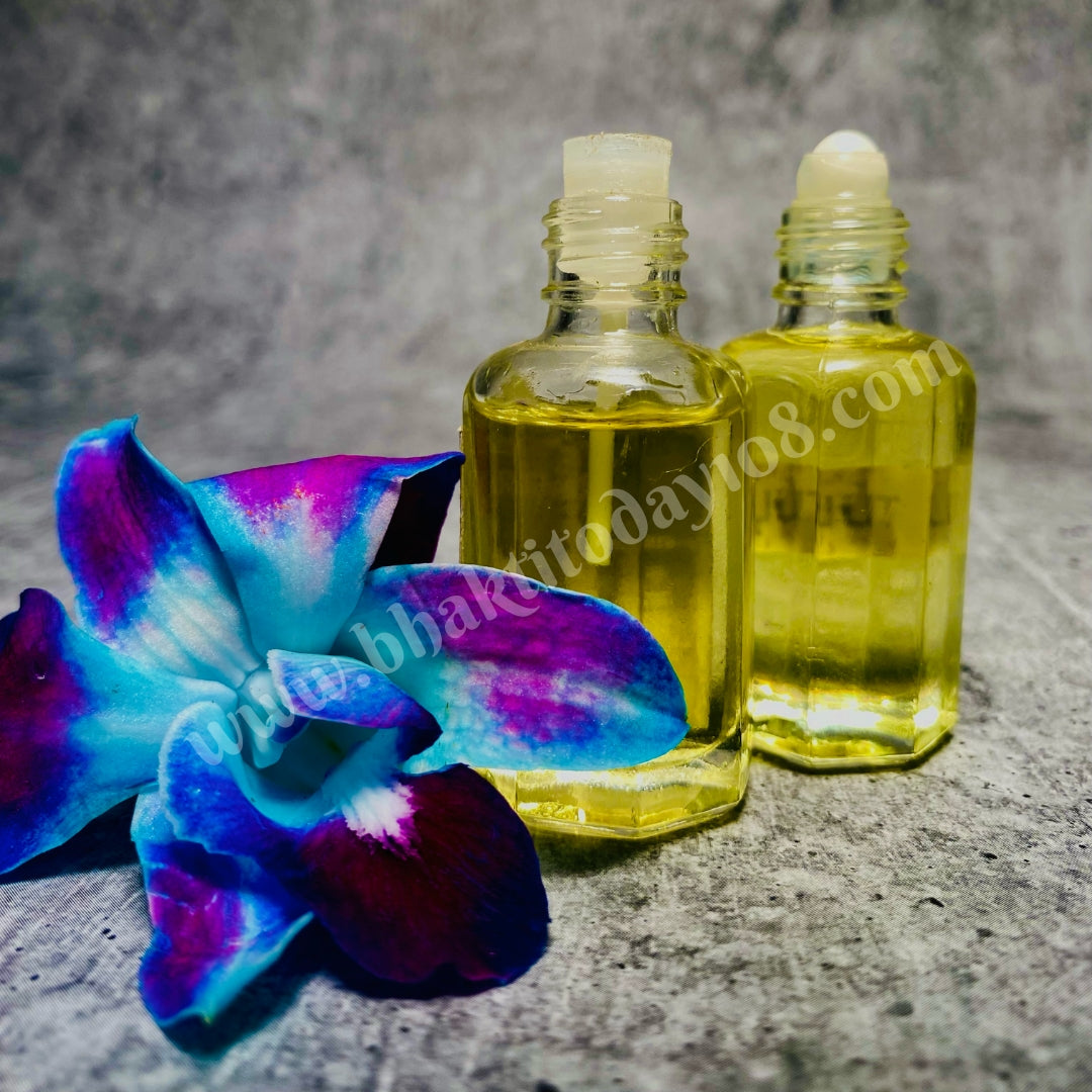 10 ml bottle of 100% alcohol-free Pure Hina Oil, made in Vrindavan for massaging Deities before bathing, providing a warming effect ideal for winter puja and devotional practices.