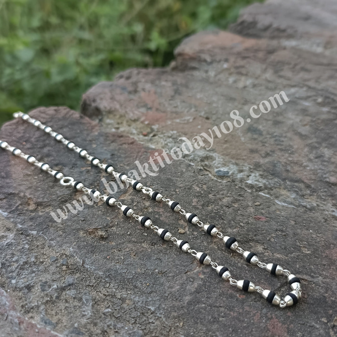 Silver Accents Black Tulsi Bead Necklace | Hindu Prayer Mala Style Jewelry