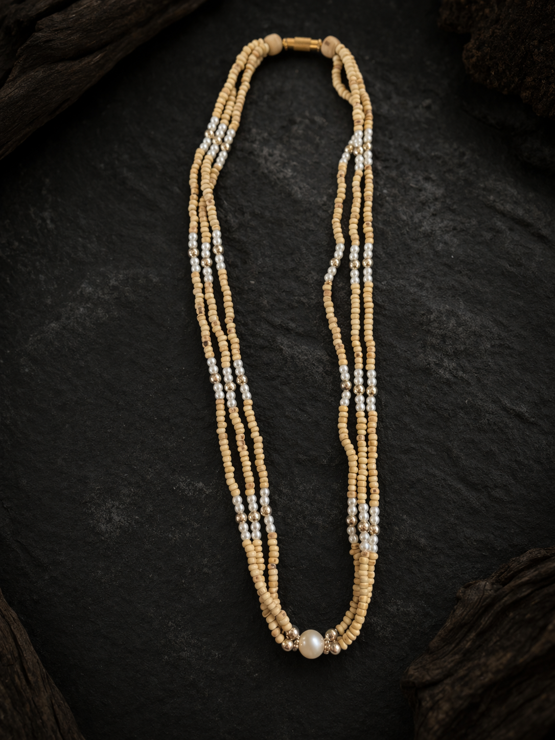 3 Round Pearls and Tulsi Kanthi Mala - Tulsi mala in neck – Bhakti Today