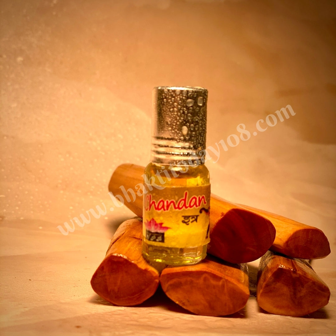 3ml roll-on bottle of Pure Chandan (Sandal) Attar Perfume – natural, alcohol-free sandalwood fragrance, ideal for spiritual and daily use.