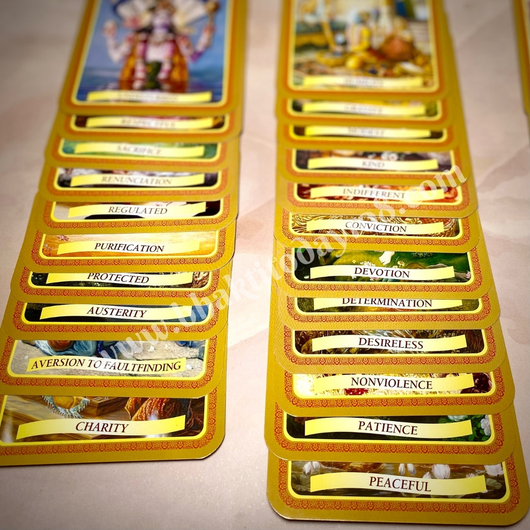A beautifully designed deck of Bhagavad Gita Wisdom Cards featuring inspirational verses and teachings from the Gita, with elegant illustrations and thoughtful interpretations to inspire daily reflection and spiritual growth.