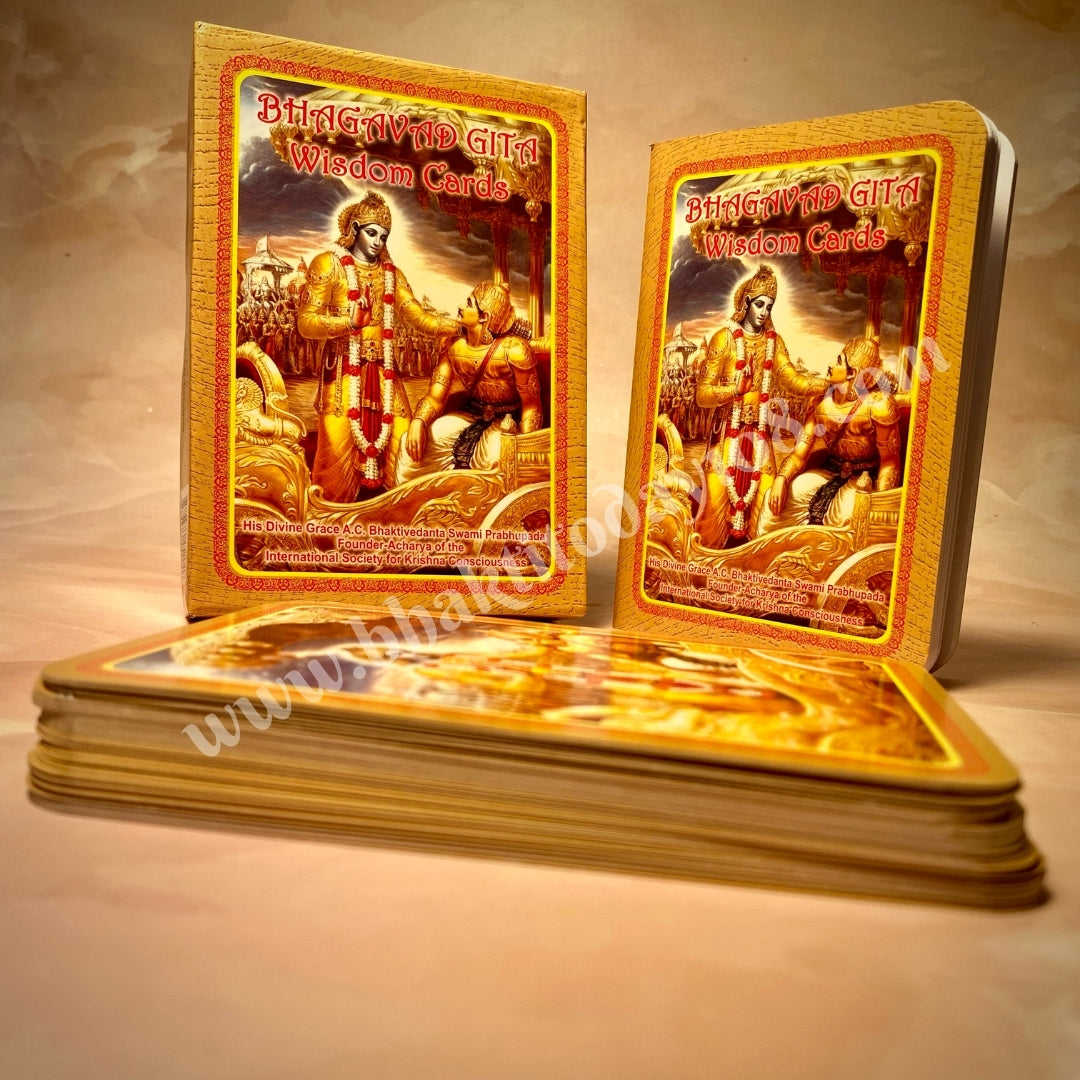 A beautifully designed deck of Bhagavad Gita Wisdom Cards featuring inspirational verses and teachings from the Gita, with elegant illustrations and thoughtful interpretations to inspire daily reflection and spiritual growth.