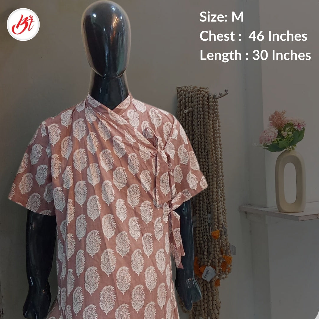 Printed brown cotton Bagalbandi with half sleeves – traditional and stylish men’s kurta for cultural events and kirtan gatherings
