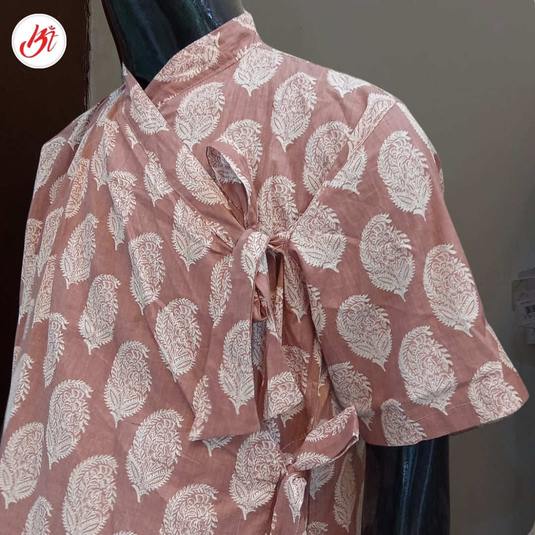 Printed brown cotton Bagalbandi with half sleeves – traditional and stylish men’s kurta for cultural events and kirtan gatherings