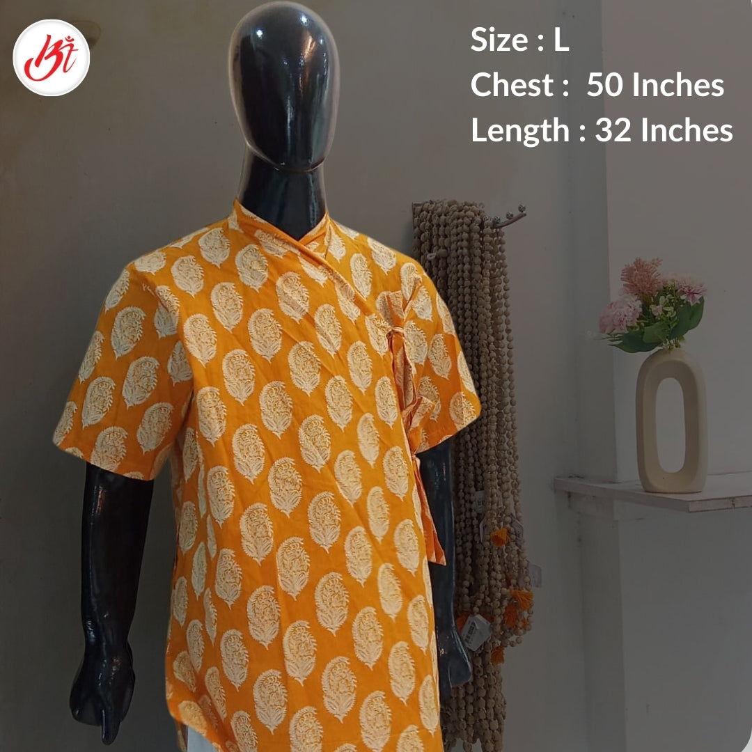 Printed yellow cotton Bagalbandi with half sleeves – traditional men’s kurta for cultural events and spiritual gatherings