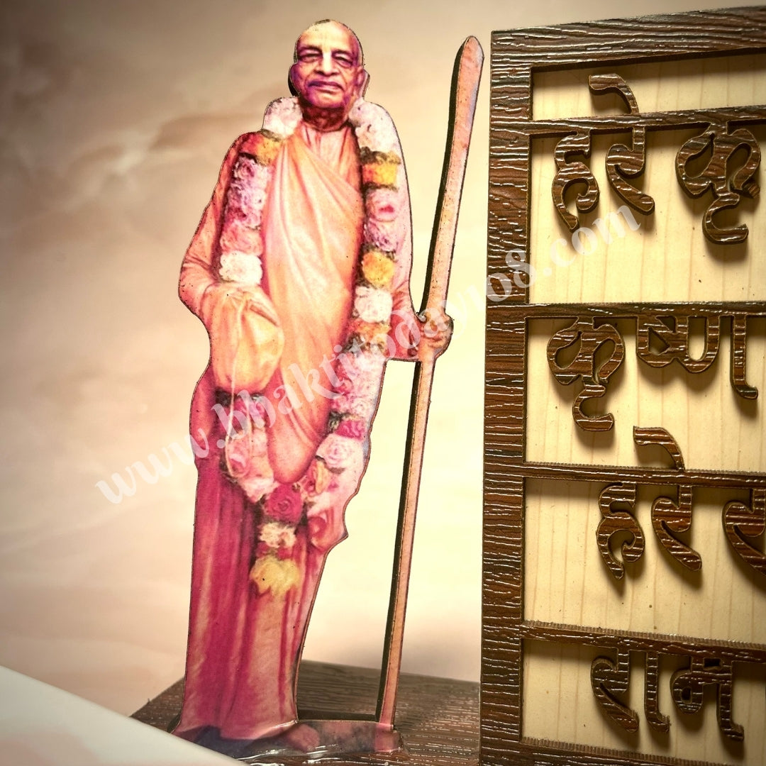 Elegant pen stand featuring a detailed image or idol of Srila Prabhupada, perfect for desktops, combining utility with spiritual inspiration.