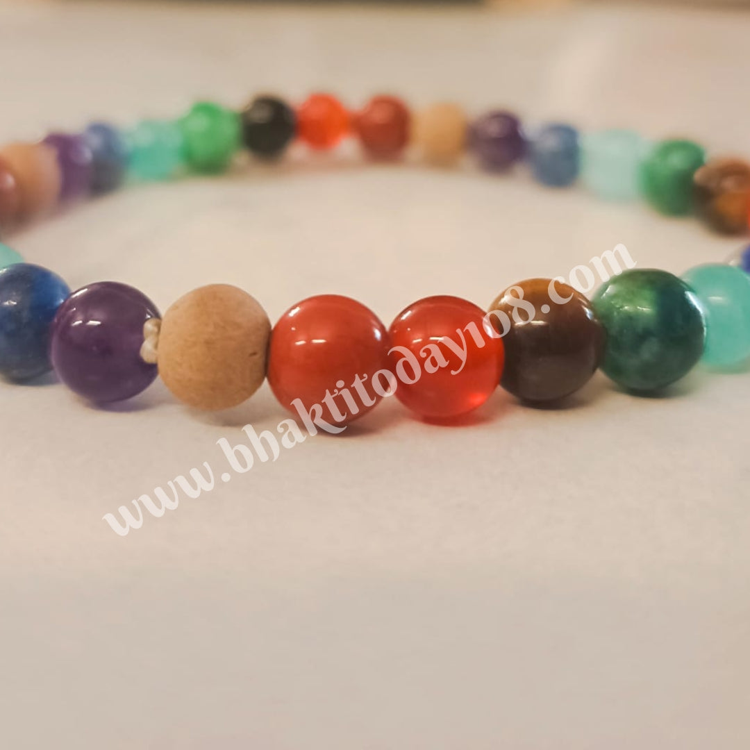Seven Chakra bracelet with natural stones and sacred Tulasi bead for spiritual healing, energy balance, and protection – unisex handmade jewelry.