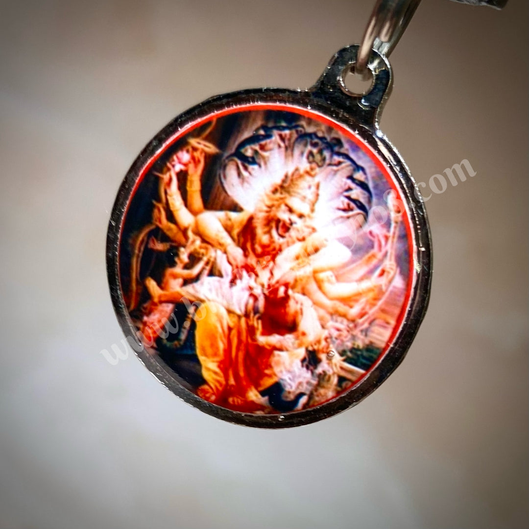 Durable steel locket featuring Lord Narasimha Deva in a fierce protective form, ideal for daily wear and spiritual safeguarding.