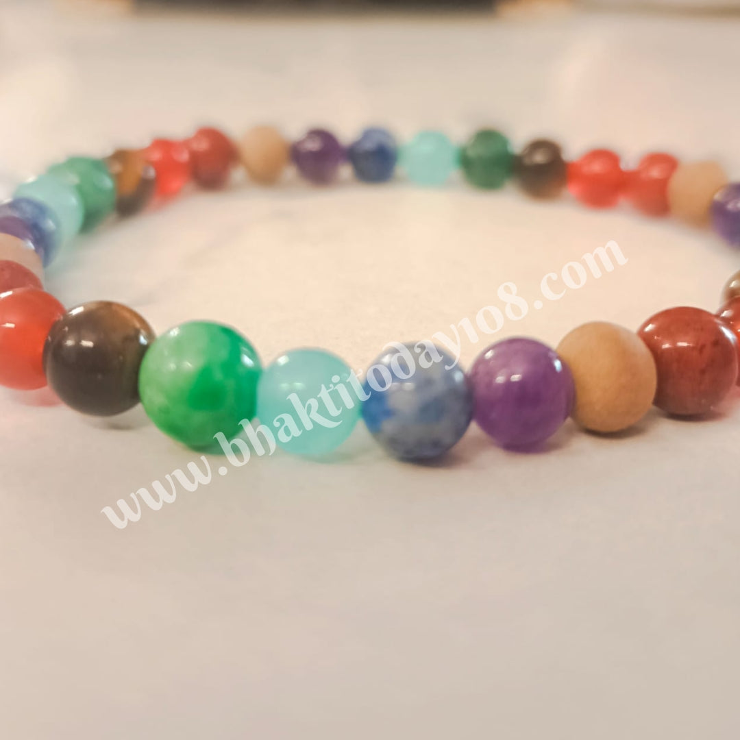 Seven Chakra bracelet with natural stones and sacred Tulasi bead for spiritual healing, energy balance, and protection – unisex handmade jewelry.