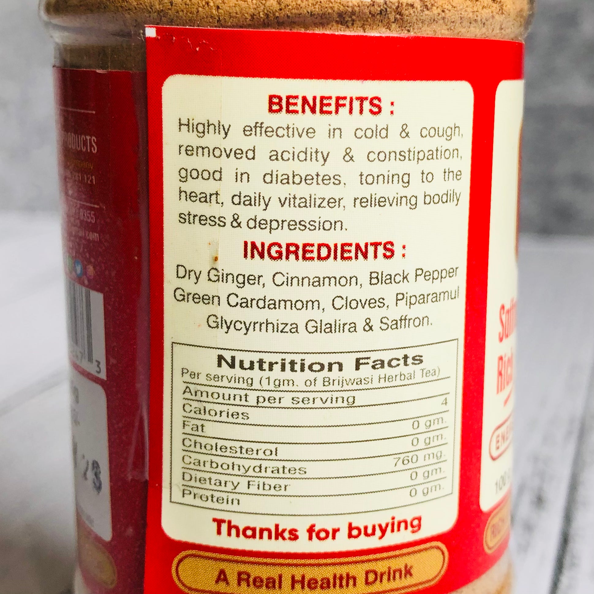 A packet of Brijwasi Chai, a caffeine-free herbal tea blend, labeled "Tea - Brijwasi Chai - NO Caffeine," ideal for a calming and natural beverage experience.
