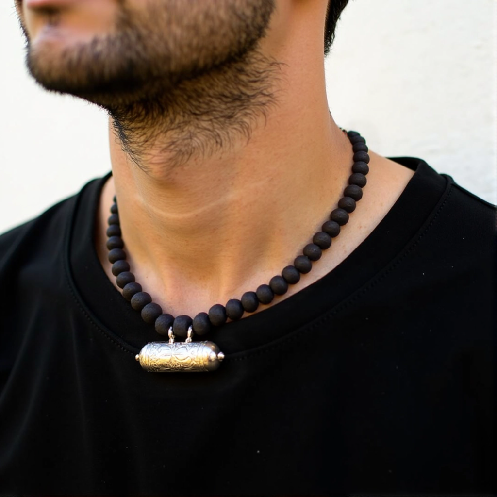 Black Tulsi Mala with Pure Silver Mayapur Narasimha Kavach