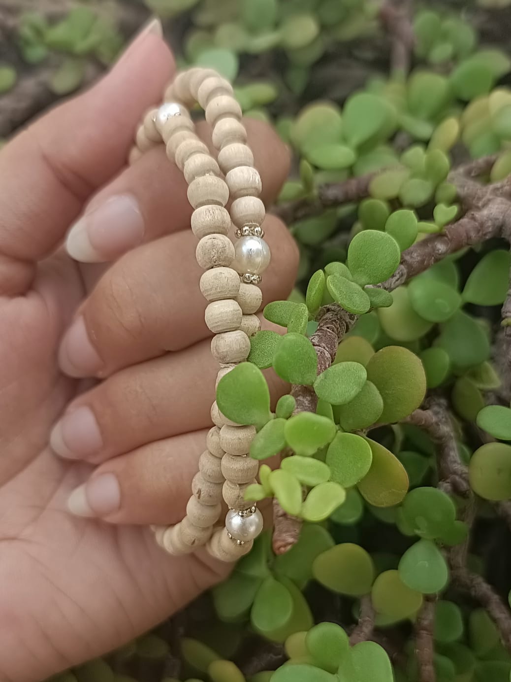Classic Pearl Pure Tulsi Mala, handcrafted with authentic Tulsi beads and high-quality pearls by Brijwasis in Vrindavan. A perfect blend of devotion and elegance, ideal for meditation, prayer, and gifting.
