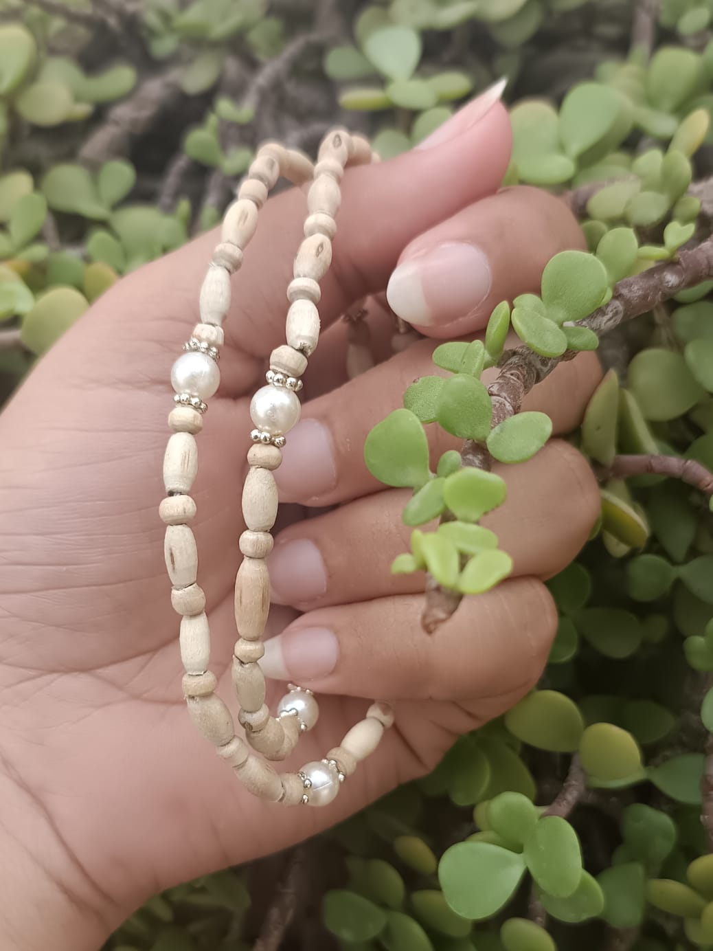 Pure Love Tulsi Mala, handcrafted with authentic Tulsi beads and pearls by Brijwasis in Vrindavan. A perfect blend of spirituality and elegance, ideal for meditation, prayer, and gifting.