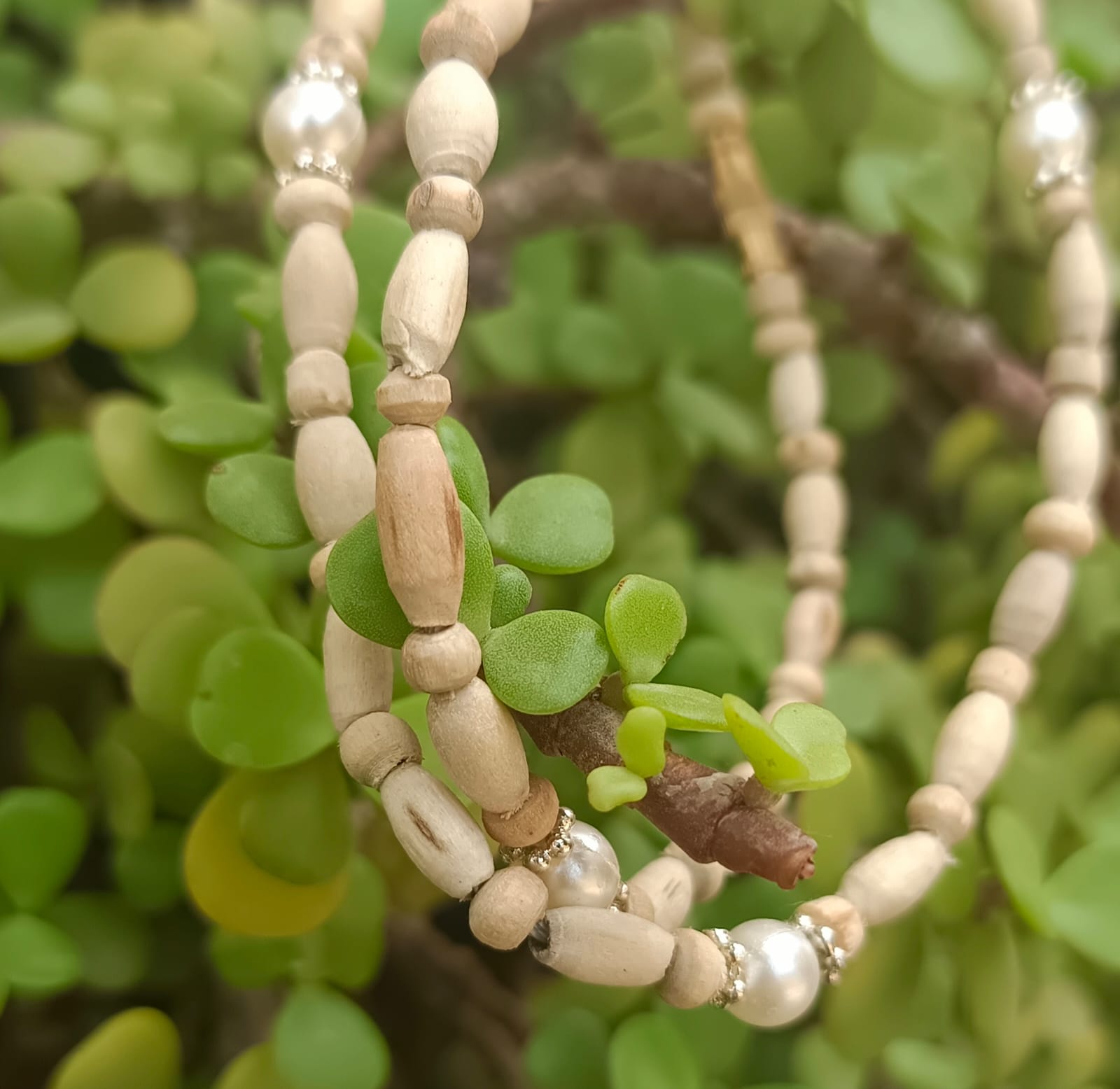 Pure Love Tulsi Mala, handcrafted with authentic Tulsi beads and pearls by Brijwasis in Vrindavan. A perfect blend of spirituality and elegance, ideal for meditation, prayer, and gifting.