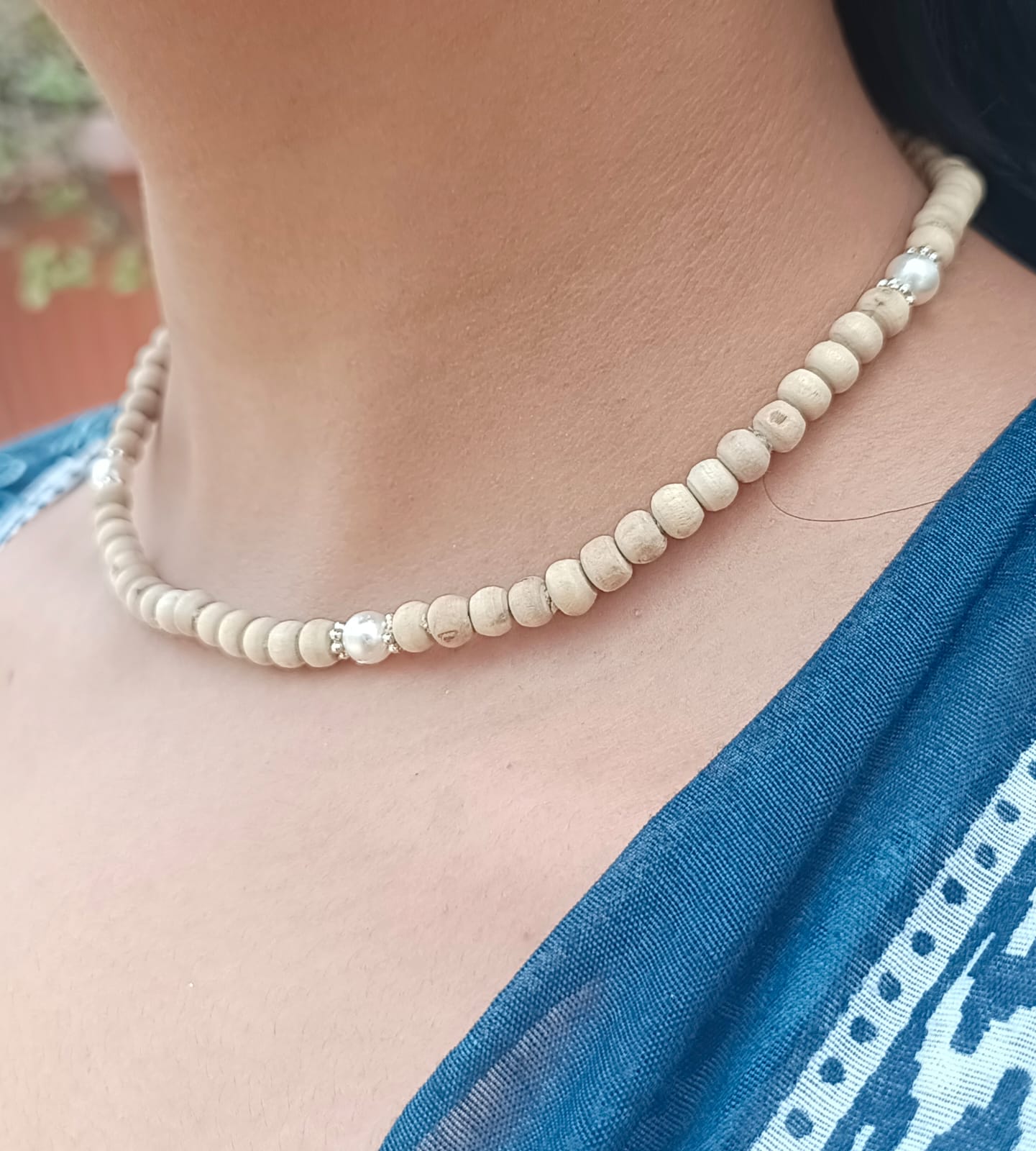 Classic Pearl Pure Tulsi Mala, handcrafted with authentic Tulsi beads and high-quality pearls by Brijwasis in Vrindavan. A perfect blend of devotion and elegance, ideal for meditation, prayer, and gifting.