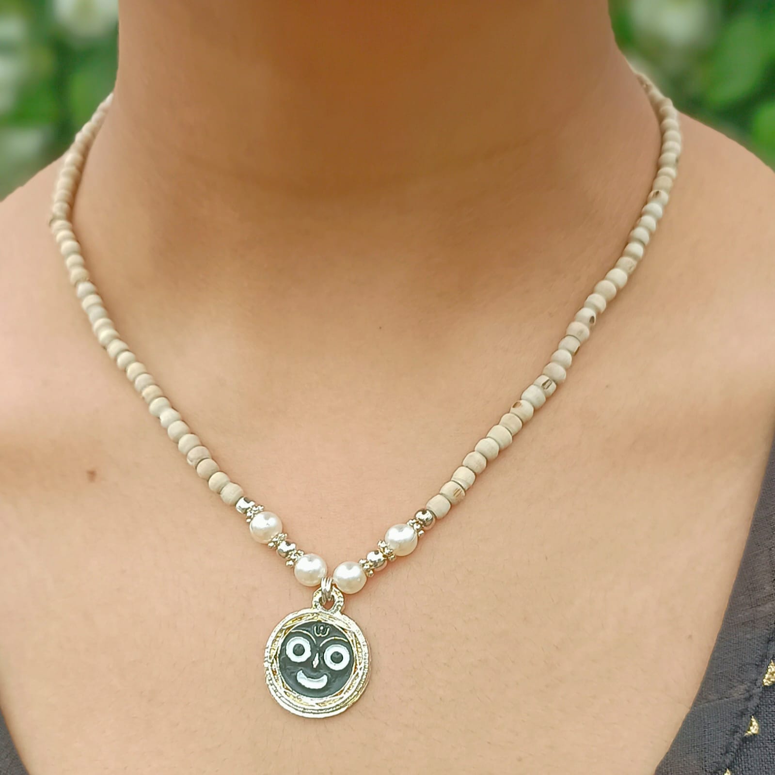 Designer Jagannath Tulsi Kanthi Mala with Pure Vrindavan Tulsi Beads, Silver Beads, Pearls & a Stainless Steel Jagannath Locket – A Spiritual Protection Kavach for Bhakti & Meditation.