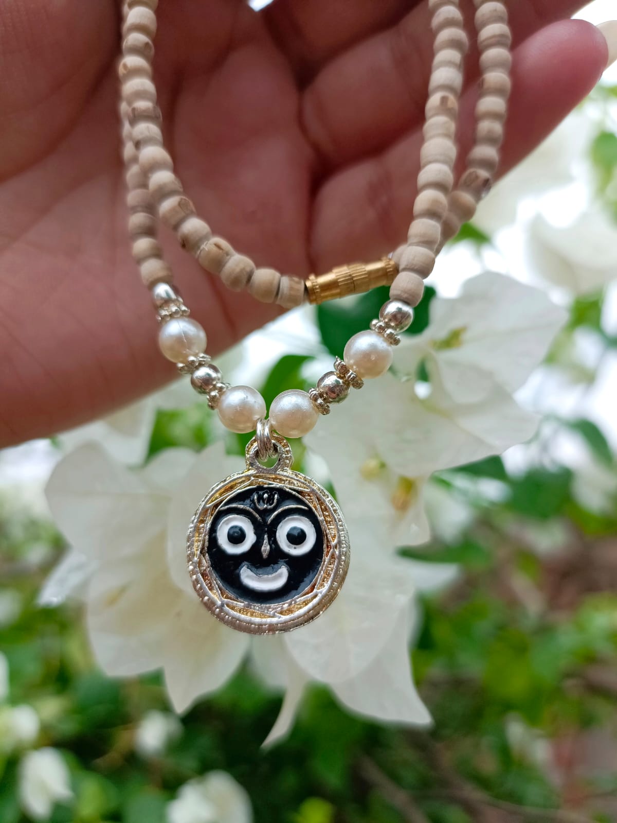 Designer Jagannath Tulsi Kanthi Mala with Pure Vrindavan Tulsi Beads, Silver Beads, Pearls & a Stainless Steel Jagannath Locket – A Spiritual Protection Kavach for Bhakti & Meditation.