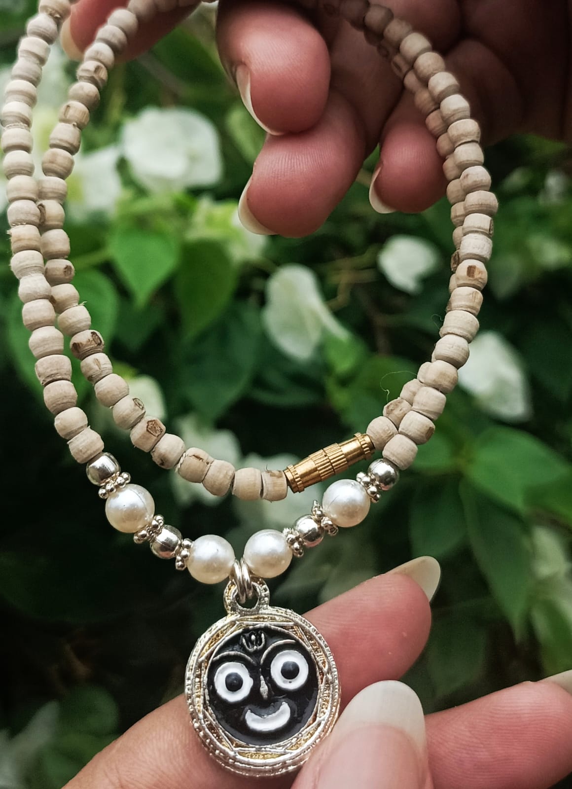 Designer Jagannath Tulsi Kanthi Mala with Pure Vrindavan Tulsi Beads, Silver Beads, Pearls & a Stainless Steel Jagannath Locket – A Spiritual Protection Kavach for Bhakti & Meditation.