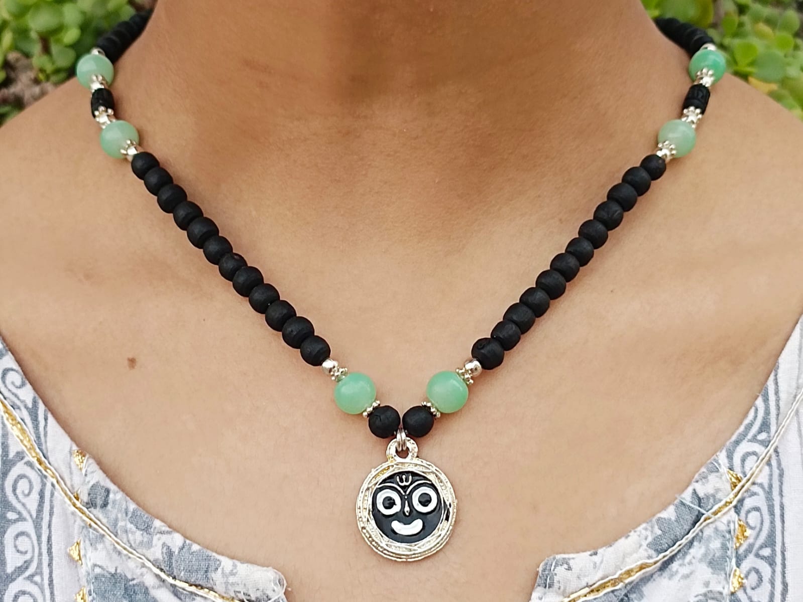 Designer Jagannath Tulsi Mala with Pure Vrindavan Tulsi Beads, Silver & Pearl Accents, and Jagannath Locket – A Sacred Protection Kavach for Devotion & Spiritual Connection.