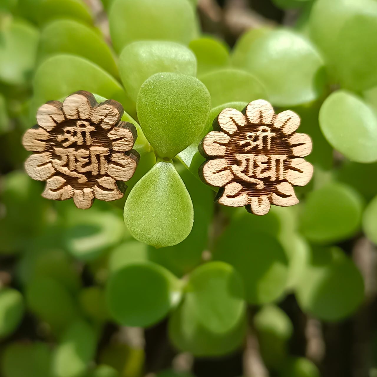 Shri Radha Tulsi ear studs handcrafted from pure Tulsi wood, devotional earrings engraved with Radha's name for Krishna devotees.