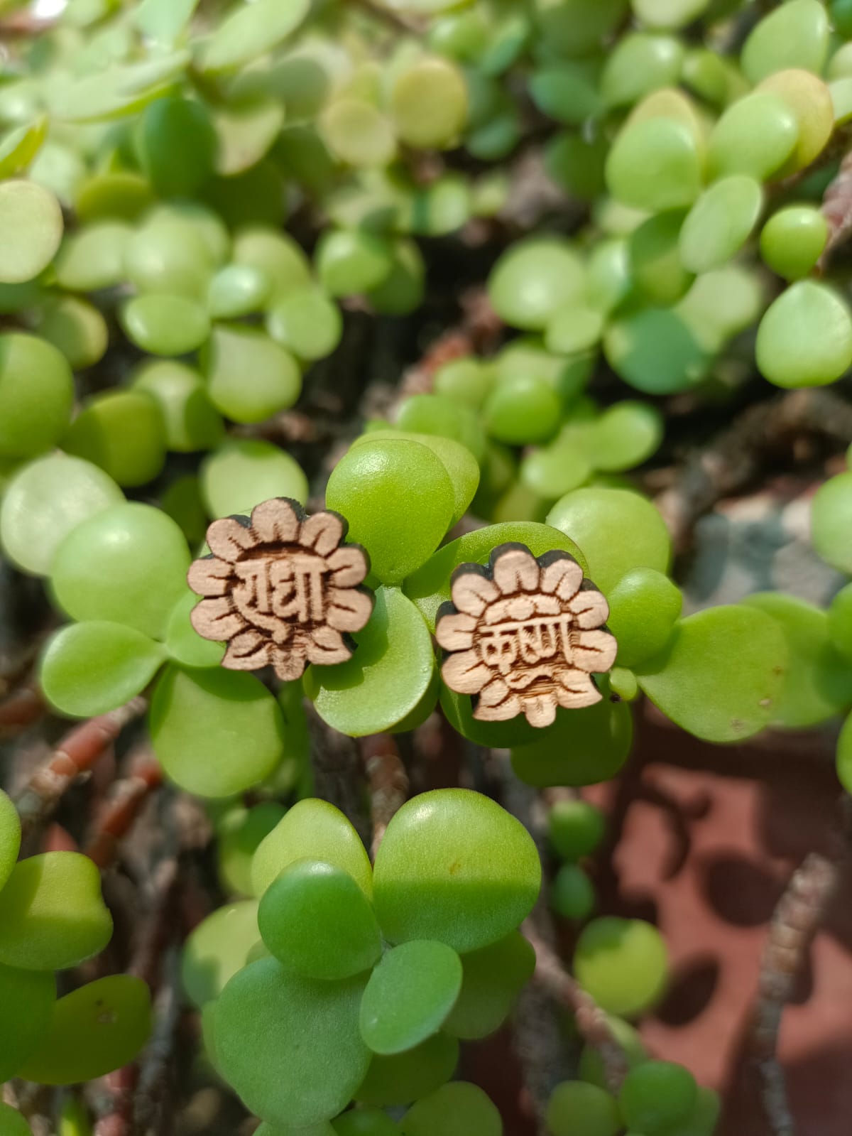 Radha Krishna Tulsi ear studs handcrafted from pure Tulsi wood, devotional earrings for Krishna devotees and spiritual wear.