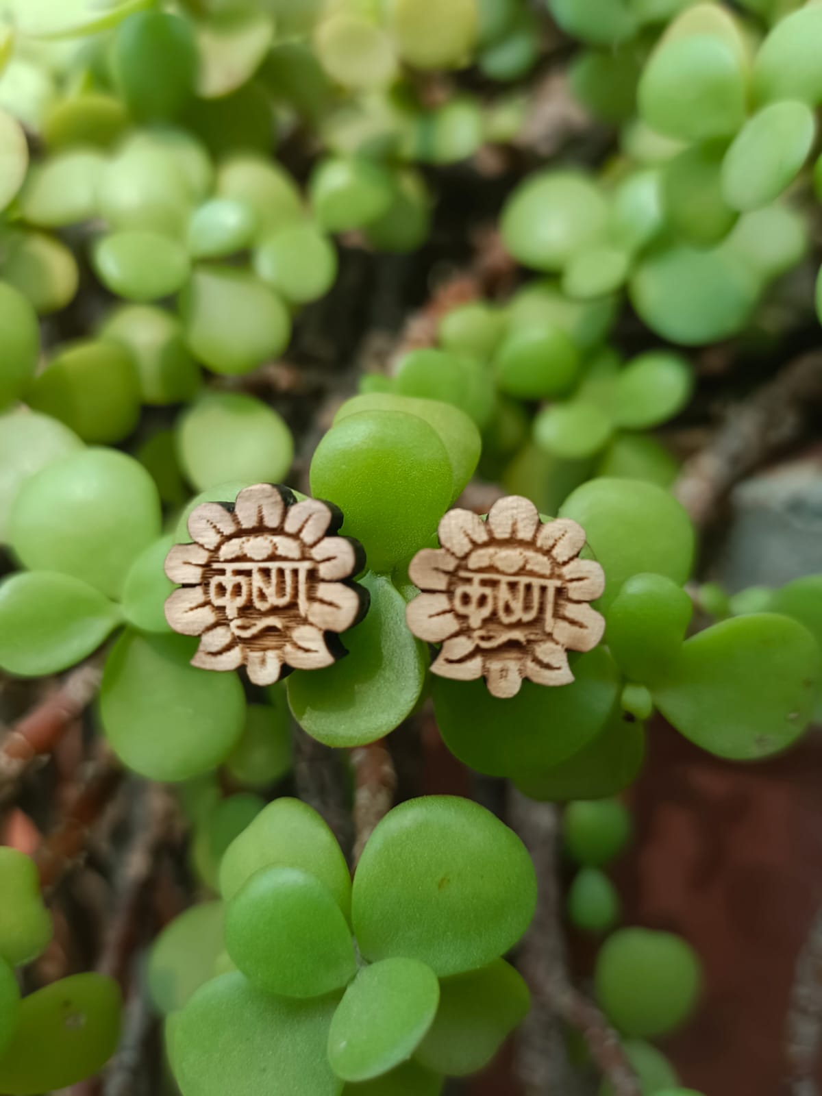 Krishna Krishna Tulsi ear studs handcrafted from pure Tulsi wood, devotional earrings for spiritual seekers and Krishna devotees.


