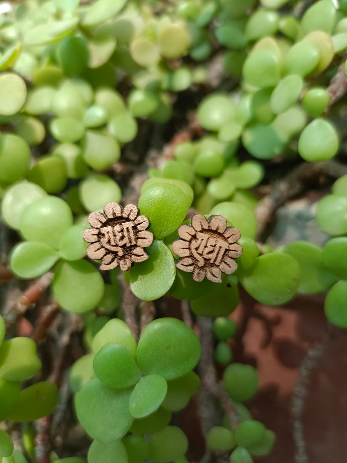 Radha Radha Tulsi ear studs handcrafted from pure Tulsi wood, devotional earrings for Bhakti lovers and Krishna devotees.