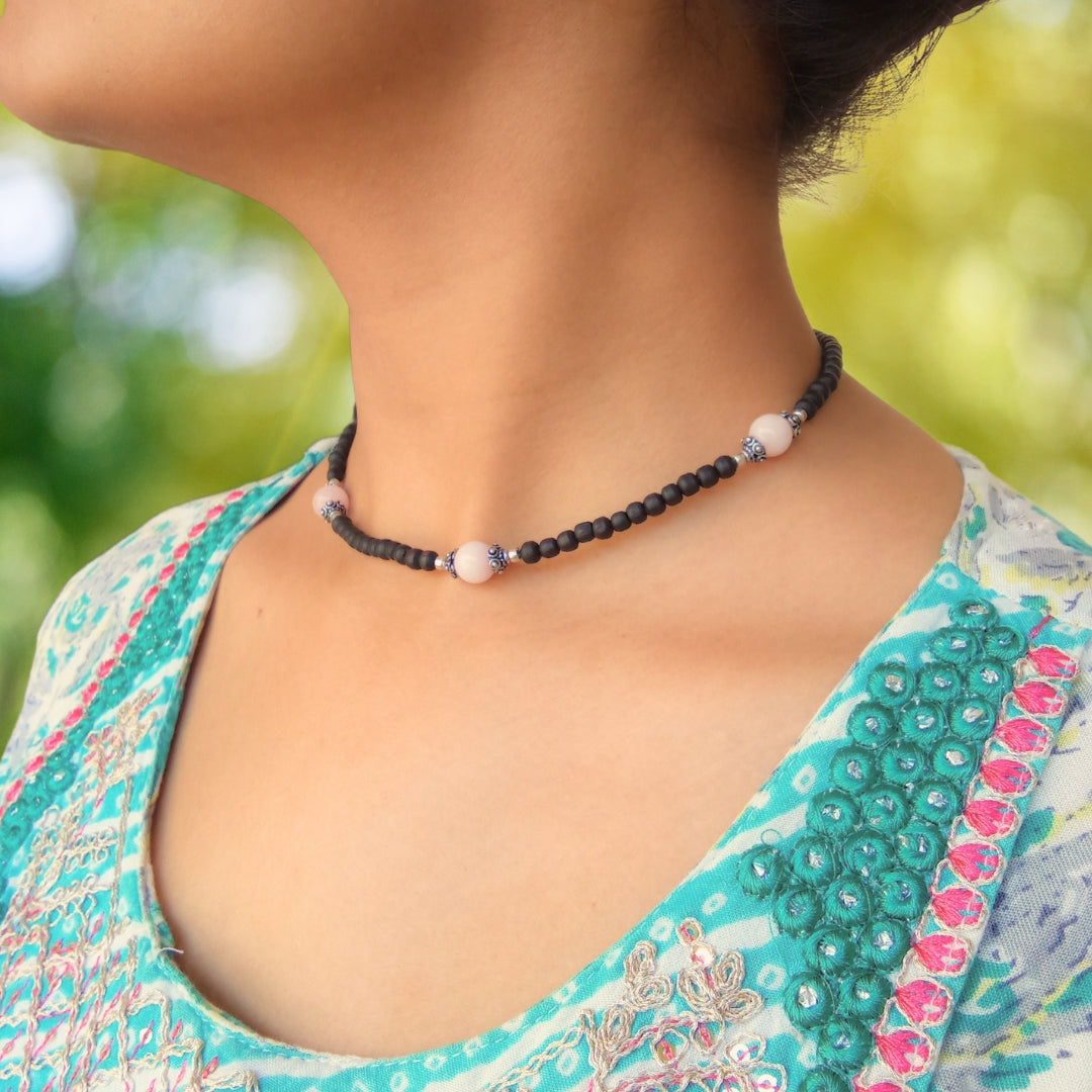 Pure Tulsi Kanthi Mala with silver beads, decorative caps, and four real quartz stones – a beautifully handcrafted spiritual necklace for daily wear and divine connection.