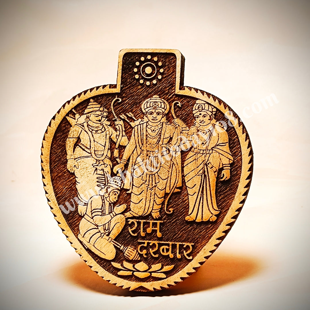 Beautiful wooden board depicting Ram Darbar with Lord Rama, Sita, Lakshman, and Hanuman, perfect for spiritual home décor and temple rooms.