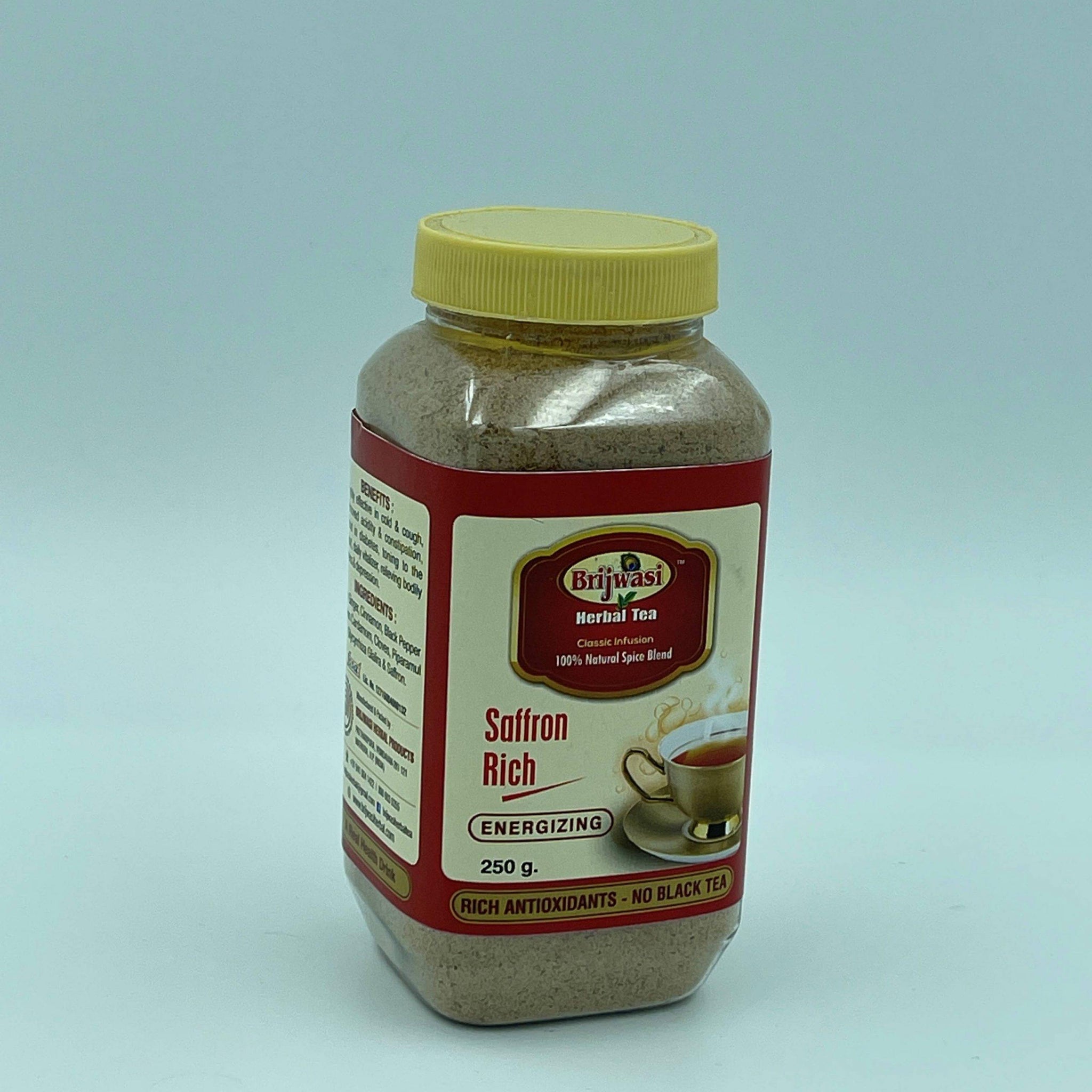 A packet of Brijwasi Chai, a caffeine-free herbal tea blend, labeled "Tea - Brijwasi Chai - NO Caffeine," ideal for a calming and natural beverage experience.