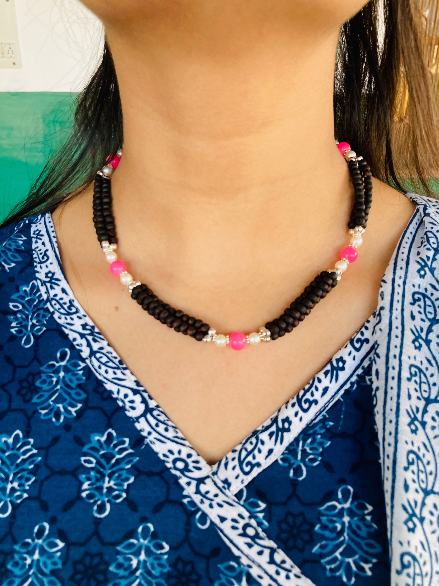 Designer 1 Tulsi Mala with pure Vrindavan Tulsi beads, three-layer design, silver beads, and shining stones – a spiritual necklace for protection and devotion.