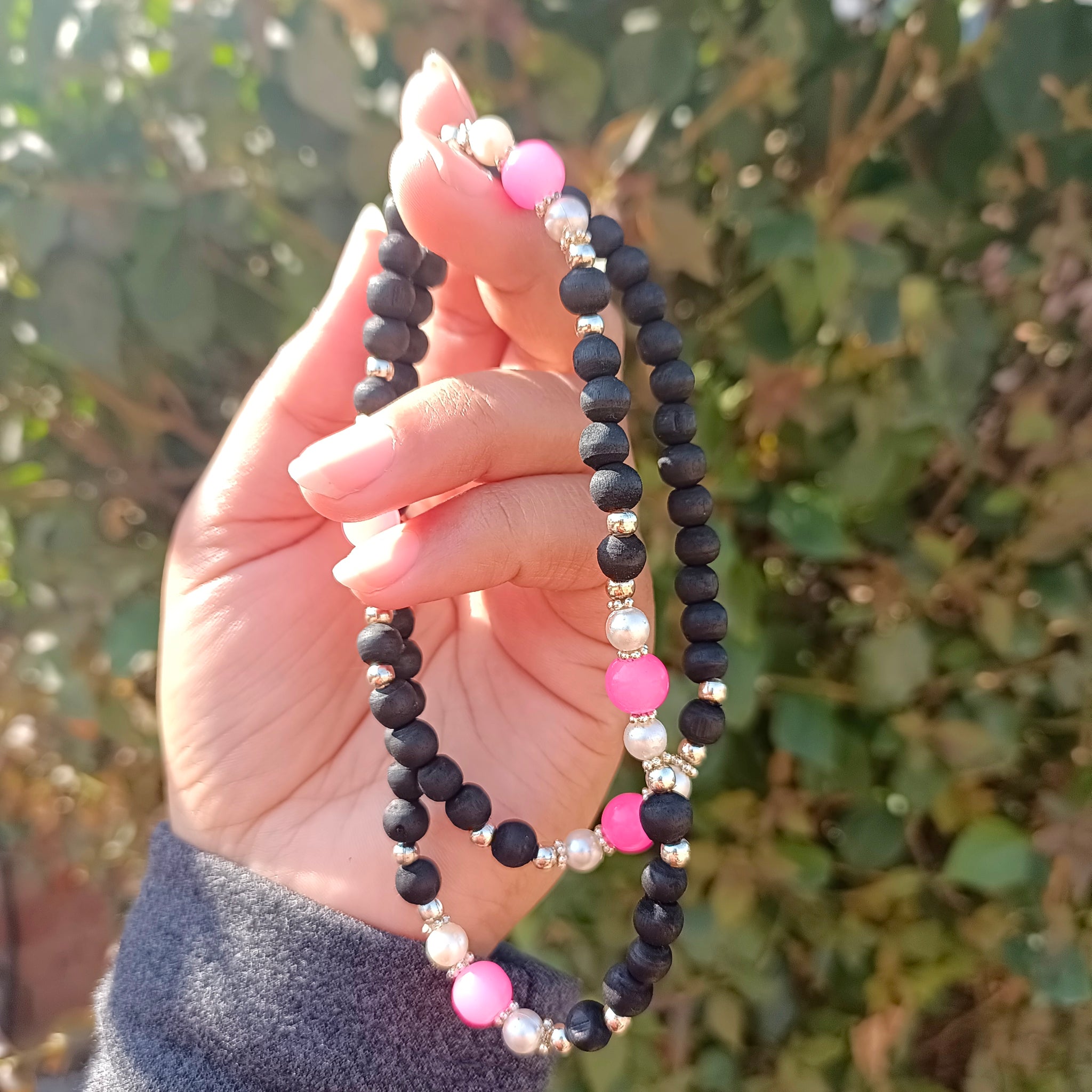 Pure Vrindavan Tulsi beads with silver accents and stones, lightweight and ideal for everyday spiritual protection and Krishna consciousness.