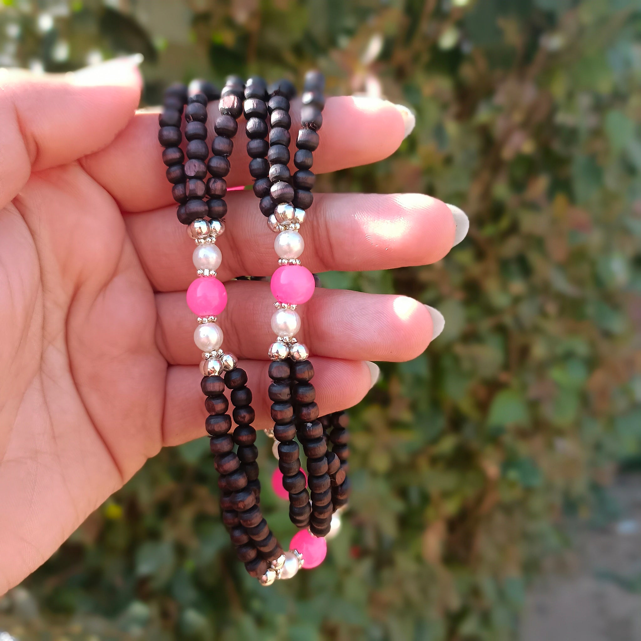 Designer 1 Tulsi Mala with pure Vrindavan Tulsi beads, three-layer design, silver beads, and shining stones – a spiritual necklace for protection and devotion.