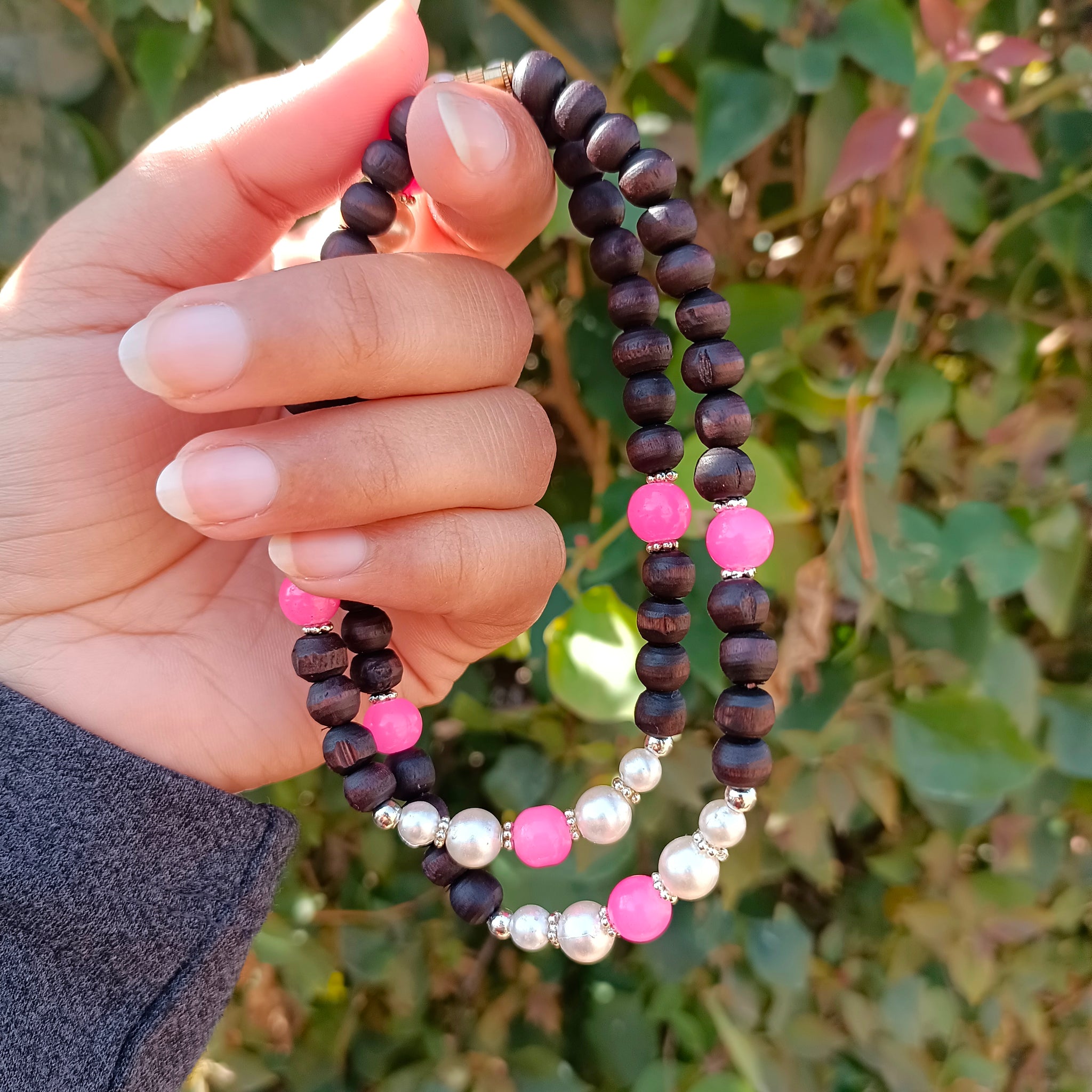 Designer 3 Tulsi Mala – Lightweight pure Vrindavan Tulsi beads with silver accents and stones, offering daily spiritual protection and divine connection.