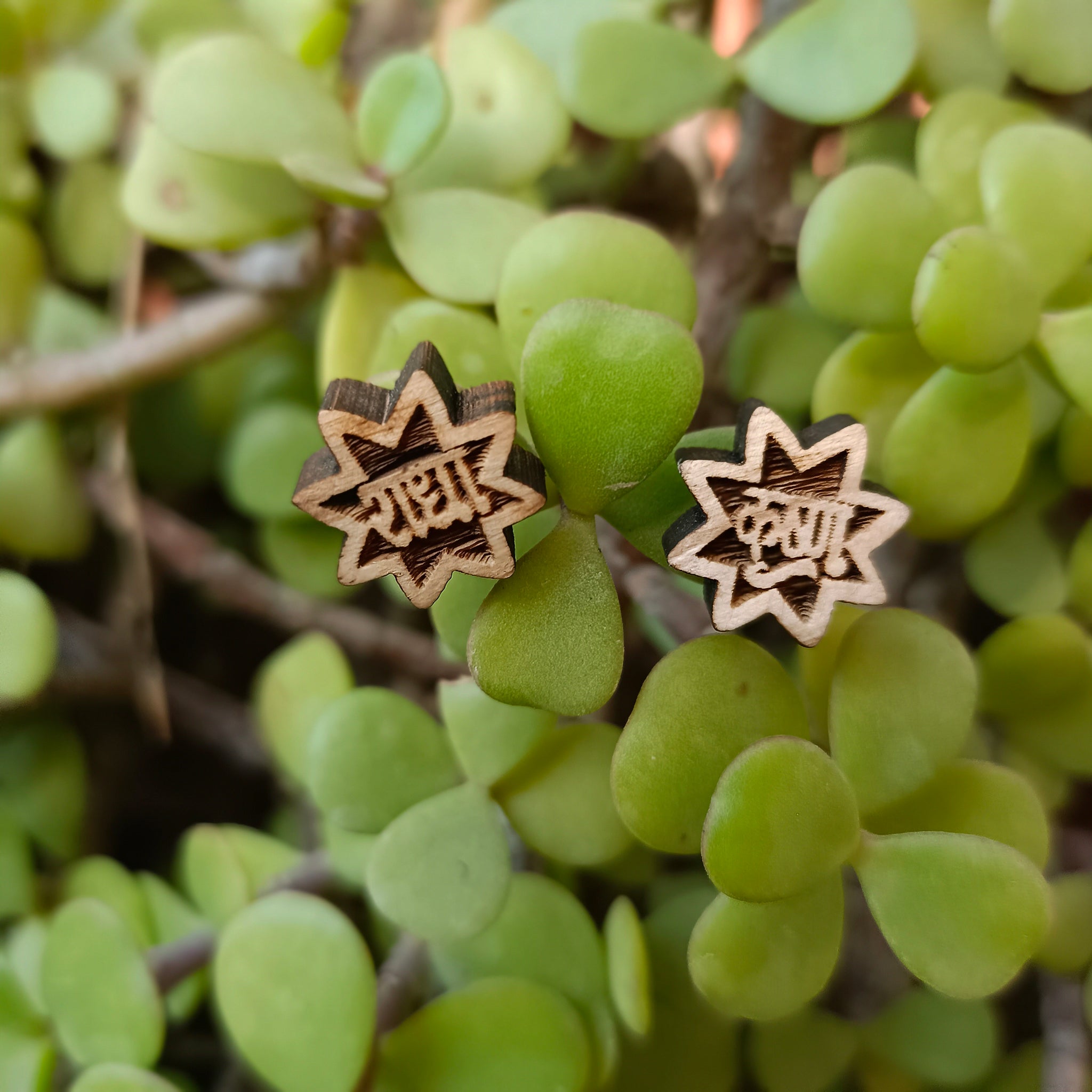 Radha Krishna Tulsi ear studs handcrafted from pure Tulsi wood, spiritual earrings for Krishna devotees