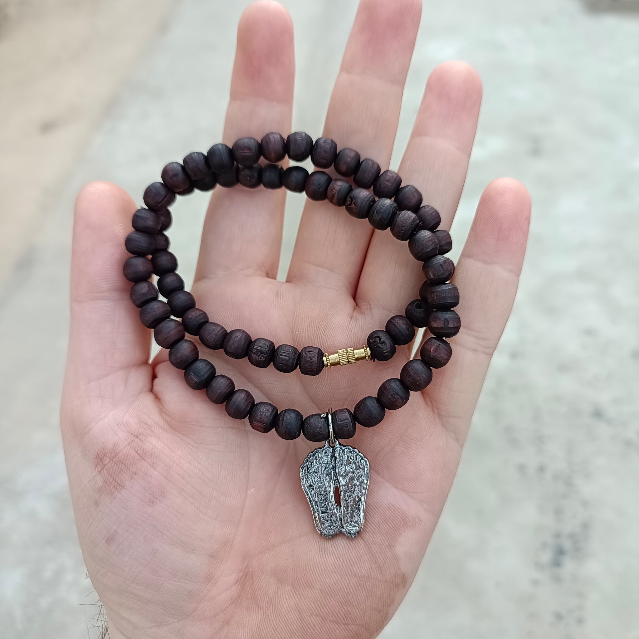 Gaur Nitai Charan Tulsi Kanthi Mala made with pure Tulasi beads, engraved with the names of Gauranga and Nitai, offering spiritual protection and devotion. Perfect for chanting and meditation.