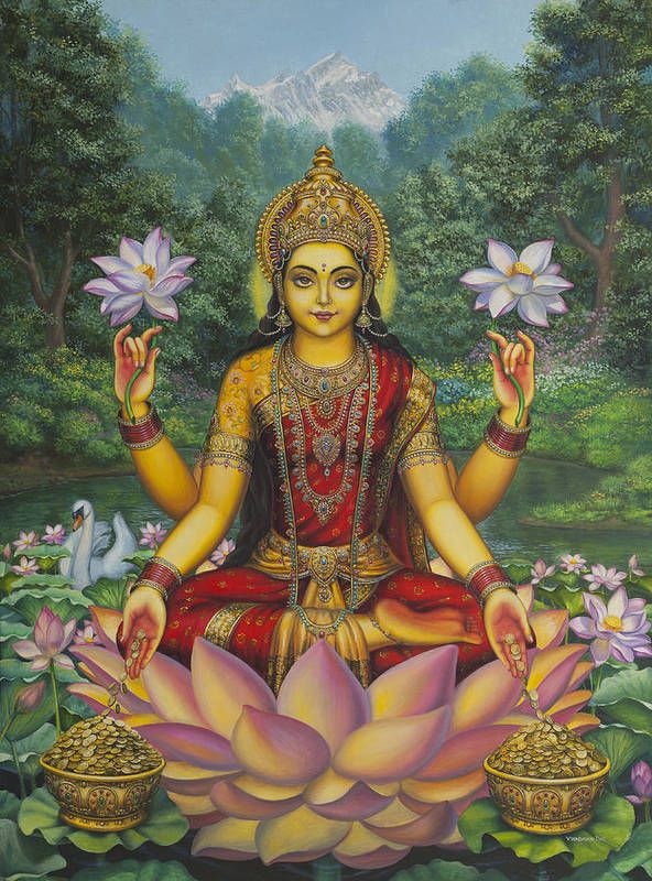Digital canvas print of Goddess Lakshmi Devi seated gracefully, adorned with traditional jewelry and lotus flowers, symbolizing prosperity and divine blessings.
