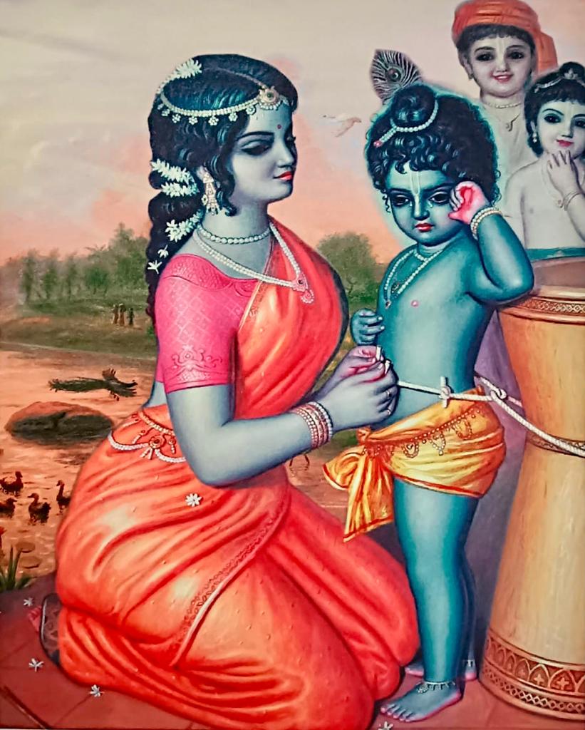 Digital canvas print depicting baby Krishna lovingly held by Yashoda, vibrant colors highlighting their affectionate bond in a traditional Indian art style.