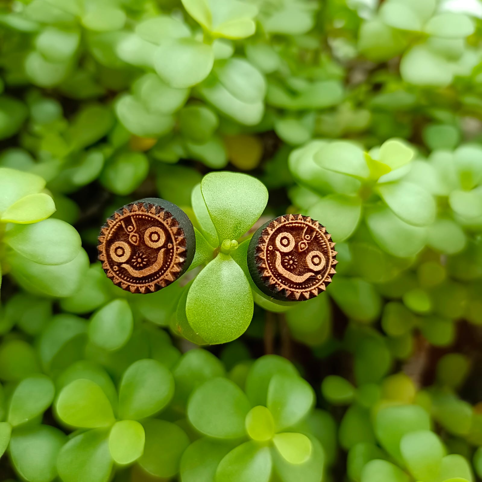 Handcrafted Jagannatha Tulsi ear studs made from pure Tulsi wood, spiritual earrings for Krishna devotees.