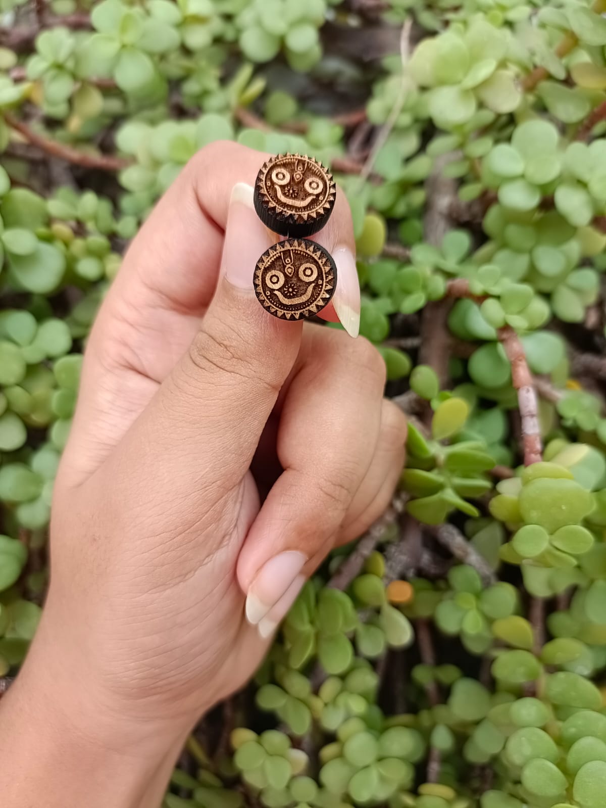 Handcrafted Jagannatha Tulsi ear studs made from pure Tulsi wood, spiritual earrings for Krishna devotees.