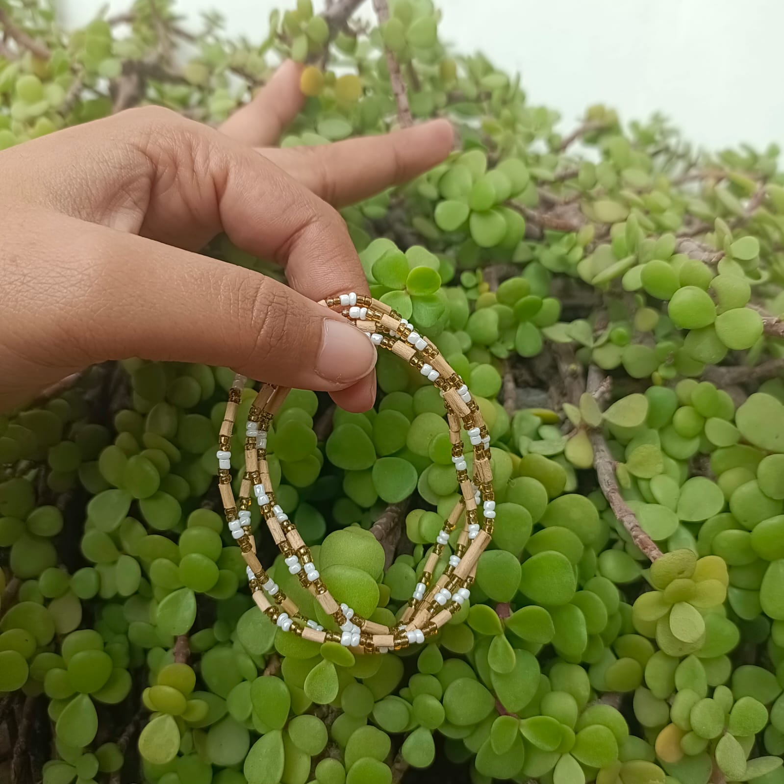 2 Round Tulsi Kanthi Mala with golden beads, handcrafted from pure Tulsi wood for spiritual protection, and devotion. Perfect for daily wear.