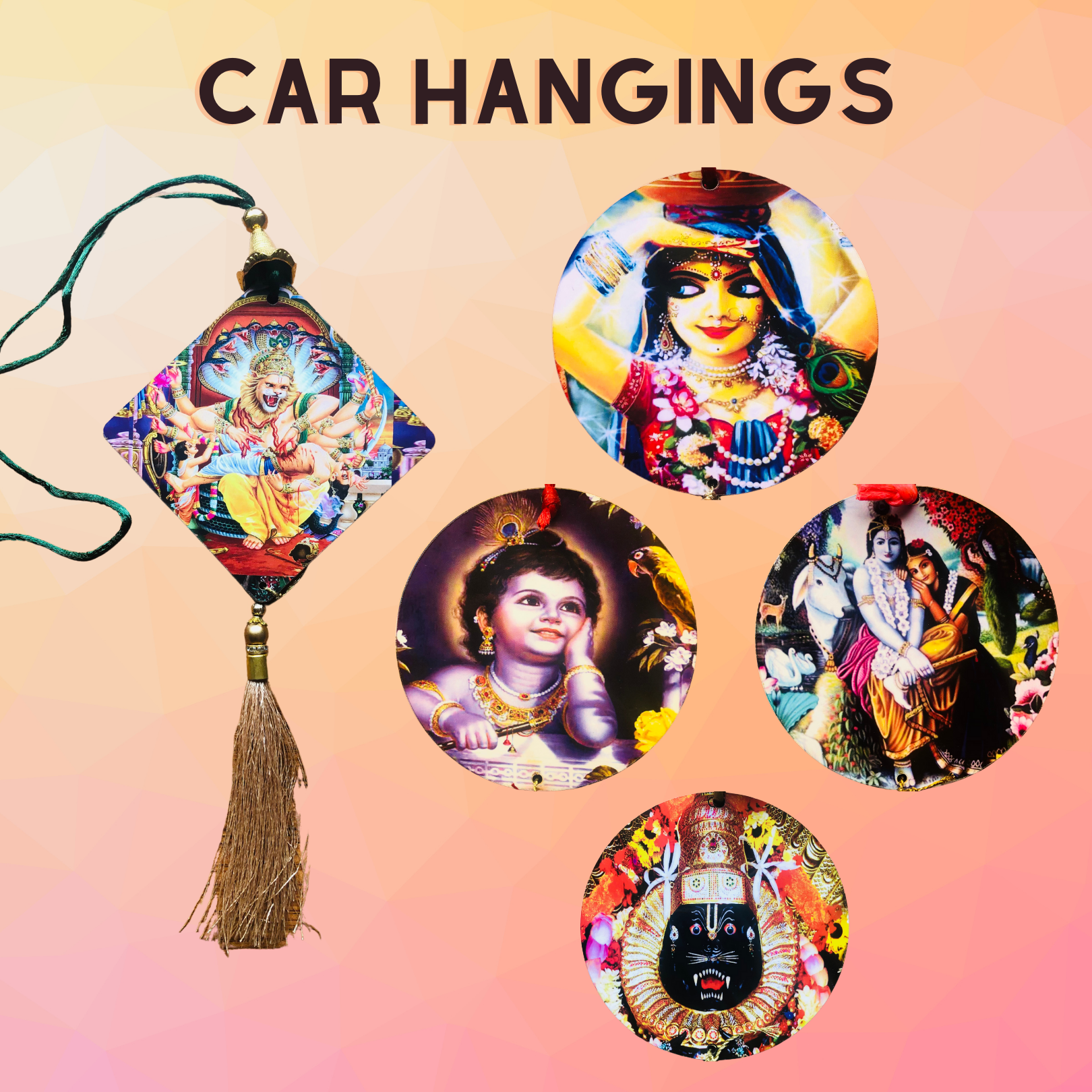 Assorted spiritual car and door hangings featuring various devotional designs, ideal for adding sacred charm and protection to your vehicle or home entrance.