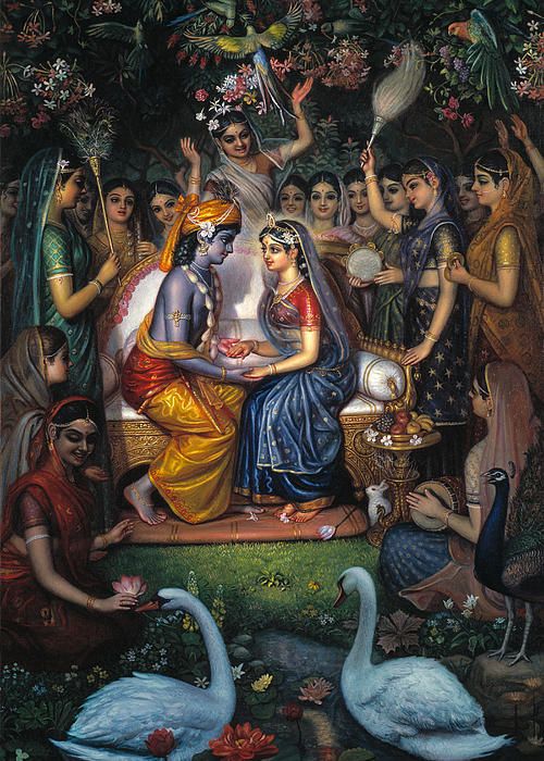Digital canvas print of Radha and Krishna in the serene Nikunj garden, showing Radha Rasbihari’s divine love with intricate traditional details and bright hues.